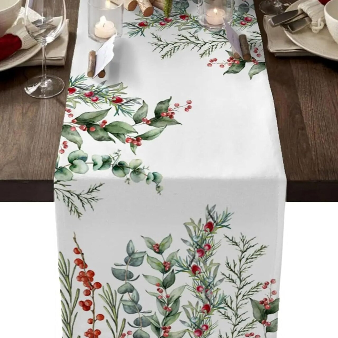 Christmas Holly Pine Cone Needle Branch Berry Table Runner for Seasonal Winter Kitchen Dining Table Decoration for Xmas Party Farmhouse Winter Holiday Favor Supplies (13 x 72 Inch)